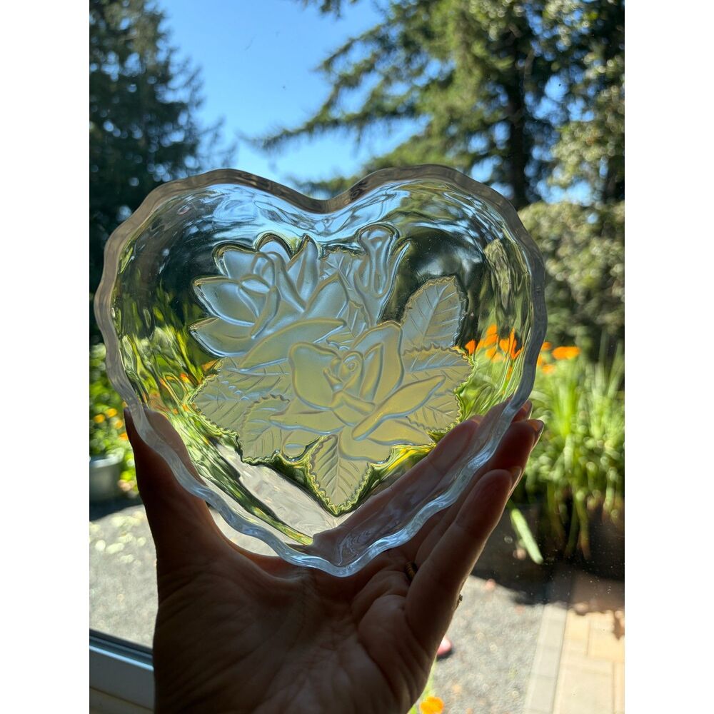 Vintage Cottagecore Heart Shaped Trinket Dish with Frosted Embossed Rose Glass C